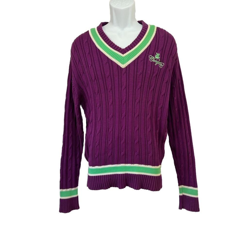 COOGI Purple V-Neck Cable Knit Sweater with Green & White Trim